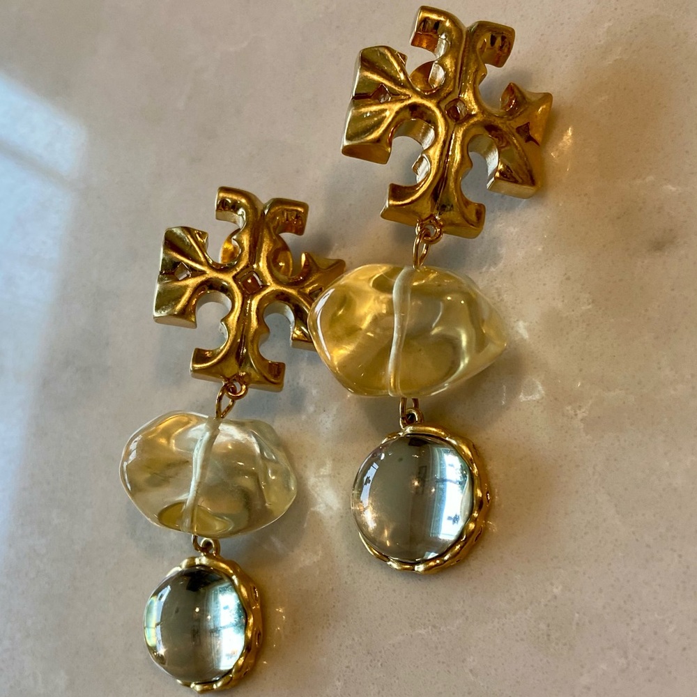 Tory Burch Gold and Clear Stone Dangle Earrings